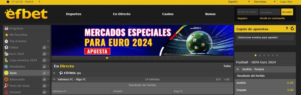 Pagina principal de la casa de apuestas EFBET